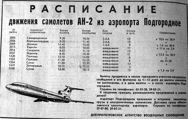 Расписание полётов из аэропорта Подгороднее Днепропетровской области. 1980-е Расписание полётов из аэропорта Подгороднее Днепропетровской области. 1980-е