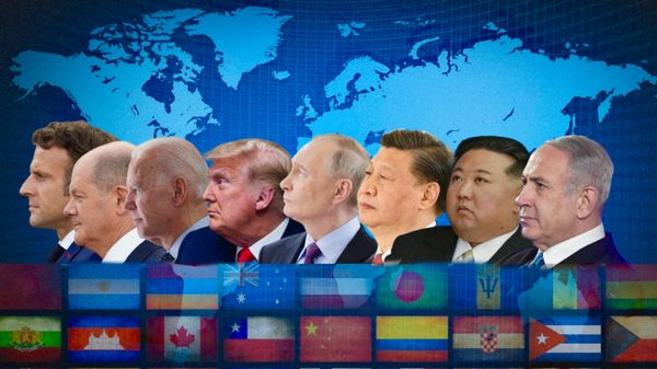 Коллаж: мировые лидеры, флаги, карта мира 