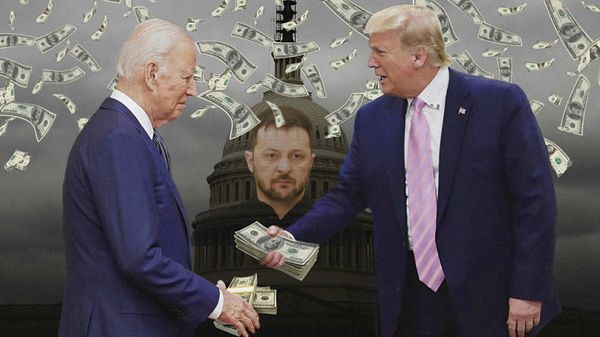Коллаж: Байден, Зеленский, Трамп, доллары 
