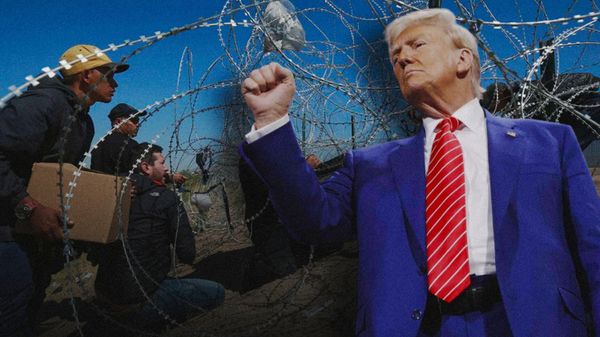 Коллаж: Трамп и мигранты из Мексики 
