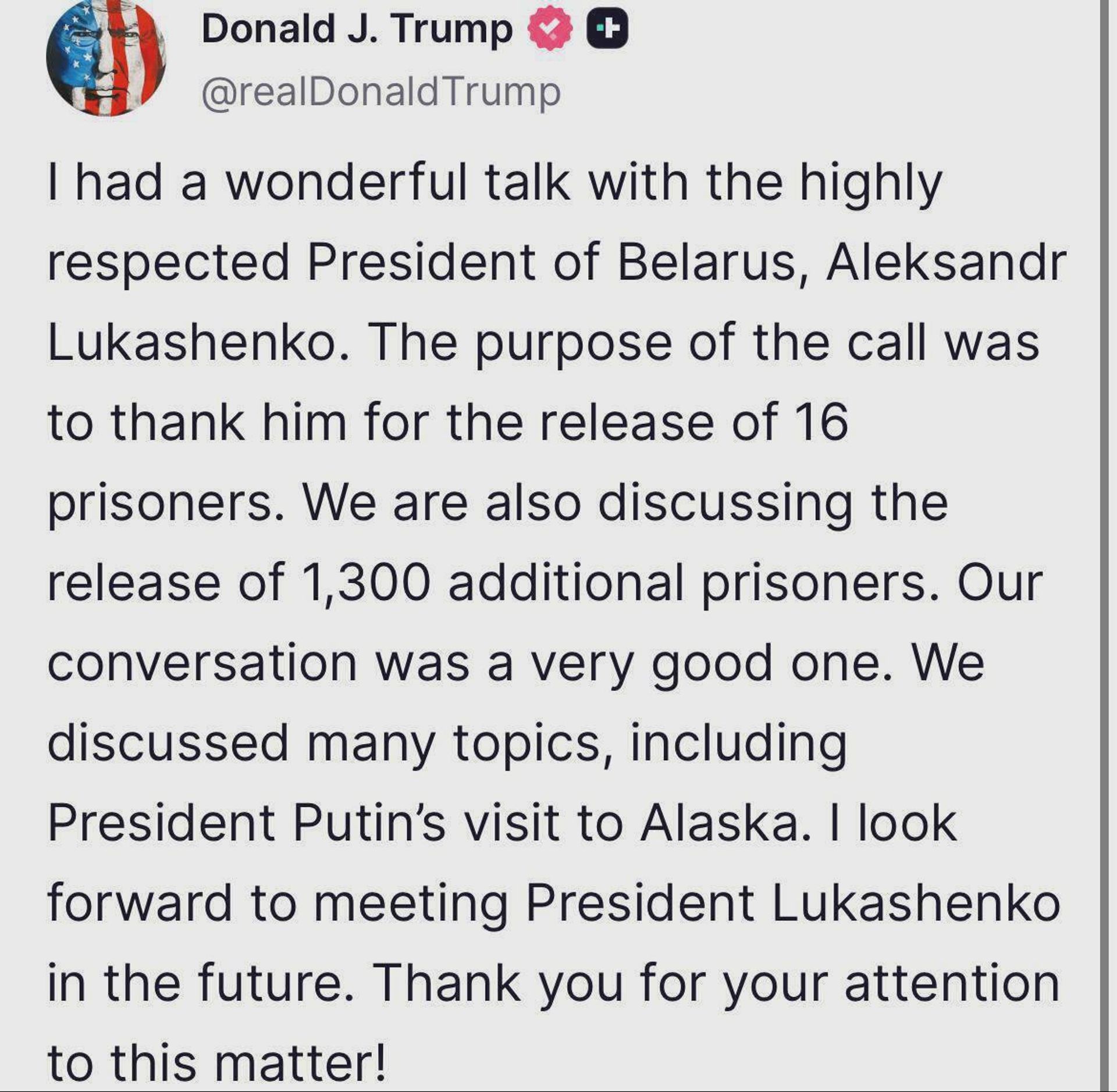 Дональд Трамп подтвердил разговор с президентом Белоруссии в своей соцсети Truth: - РИА Новости, 1920, 15.08.2025