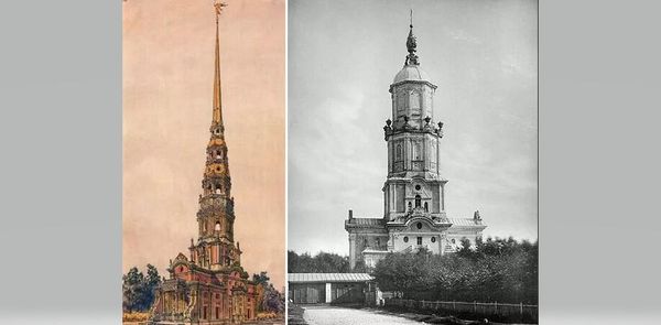Меншикова башня - первоначальный и современный вид