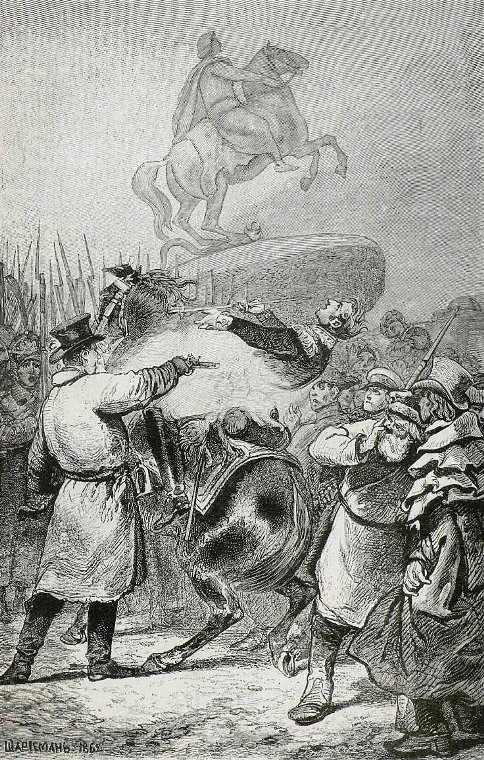 Нанесение смертельной раны Милорадовичу 14 декабря 1825 года. Гравюра с рисунка, принадлежащего Г.А. Милорадовичу. Нанесение смертельной раны Милорадовичу 14 декабря 1825 года. Гравюра с рисунка, принадлежащего Г.А. Милорадовичу. - РИА Новости, 1920, 12.10.2025