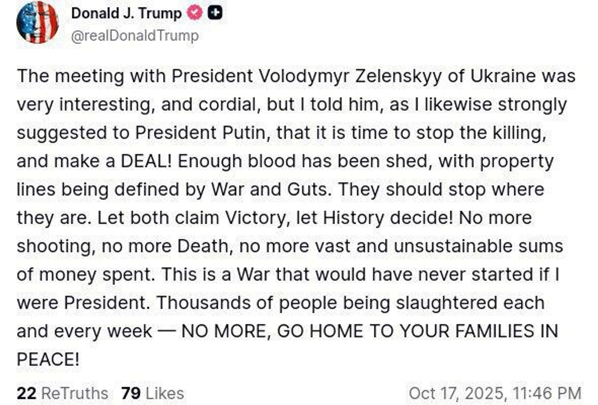 Дональд Трамп опубликовал пост в своей соцсети The Truth Social: - РИА Новости, 1920, 18.10.2025