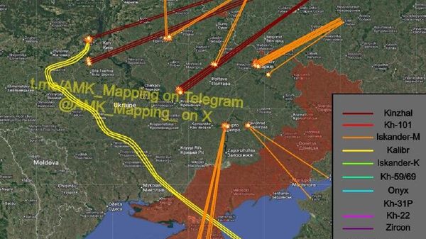 На карте — примерная траектория движения ракет сегодня ночью