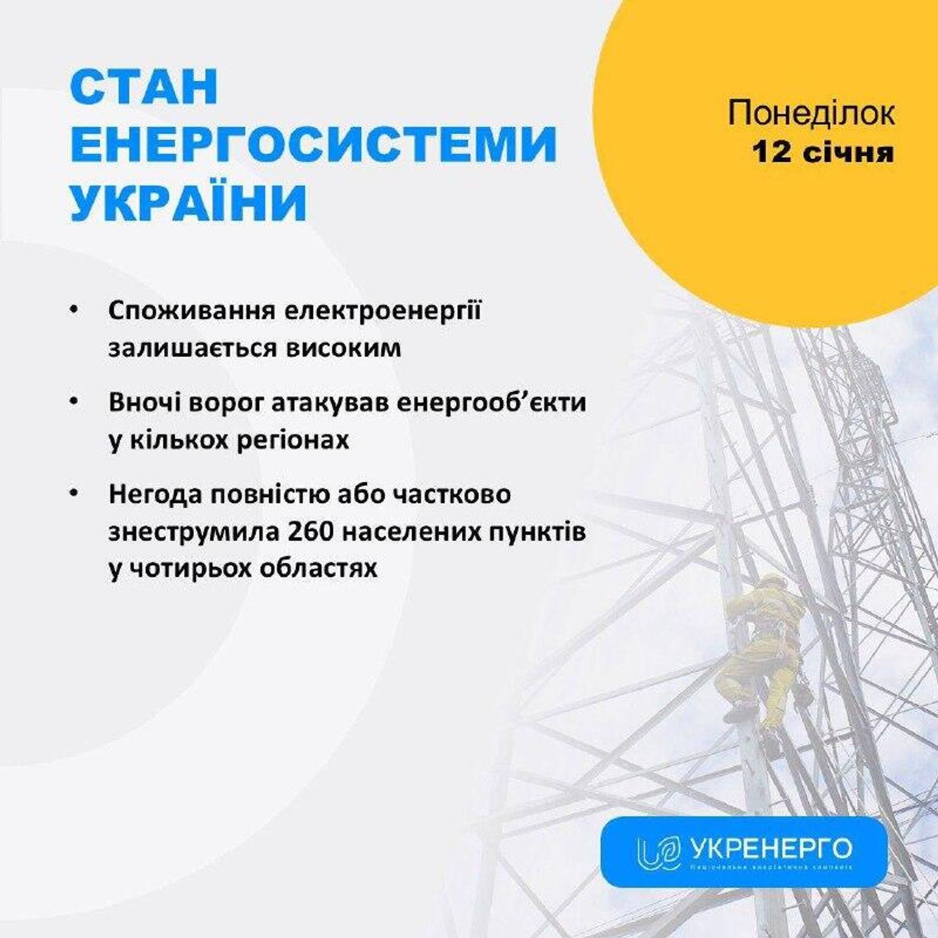 Ночью были прилеты по энергетике, пропал свет в Одесской, Житомирской, Сумской, Харьковской, Днепропетровской и Черниговской областях, сообщает Минэнерго Ночью были прилеты по энергетике, пропал свет в Одесской, Житомирской, Сумской, Харьковской, Днепропетровской и Черниговской областях, сообщает Минэнерго - РИА Новости, 1920, 12.01.2026