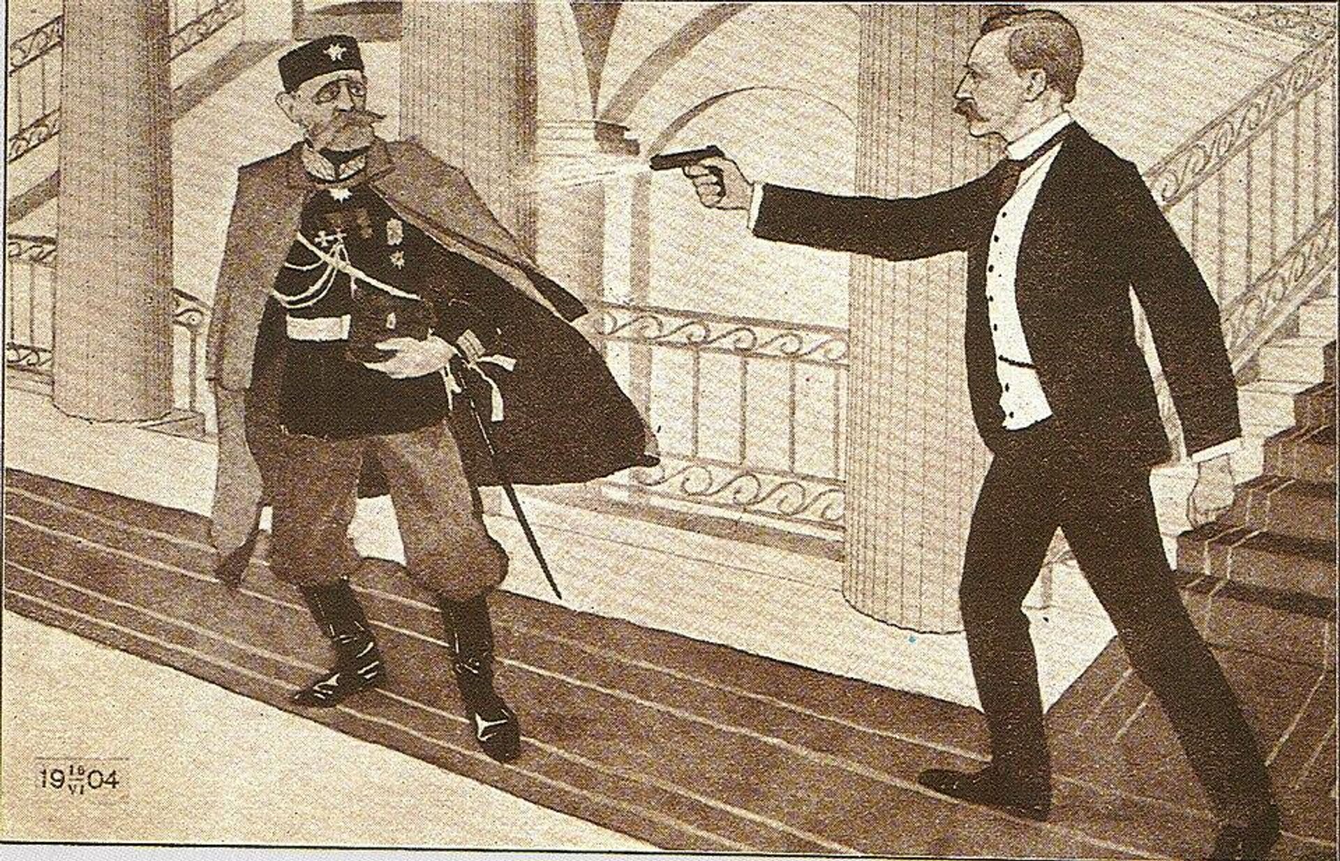 Рисунок неизвестного автора, изображающий убийство Бобрикова, 1904 год - РИА Новости, 1920, 10.09.2026