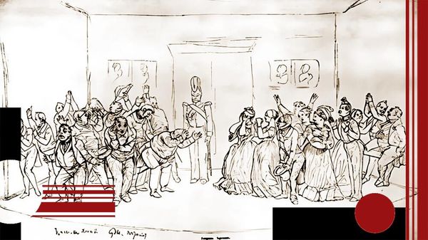 Ревизор. Немая сцена. Рисунок неизвестного художника 1830-х годов приписываемый Гоголю