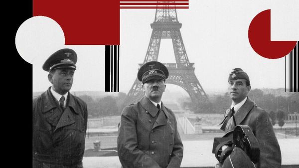 Адольф Гитлер в Париже, 23 июня 1940 года. Слева — Альберт Шпеер, личный архитектор Гитлера, будущий рейхсминистр оборонной промышленности и вооружения. Справа — скульптор Арно Брекер