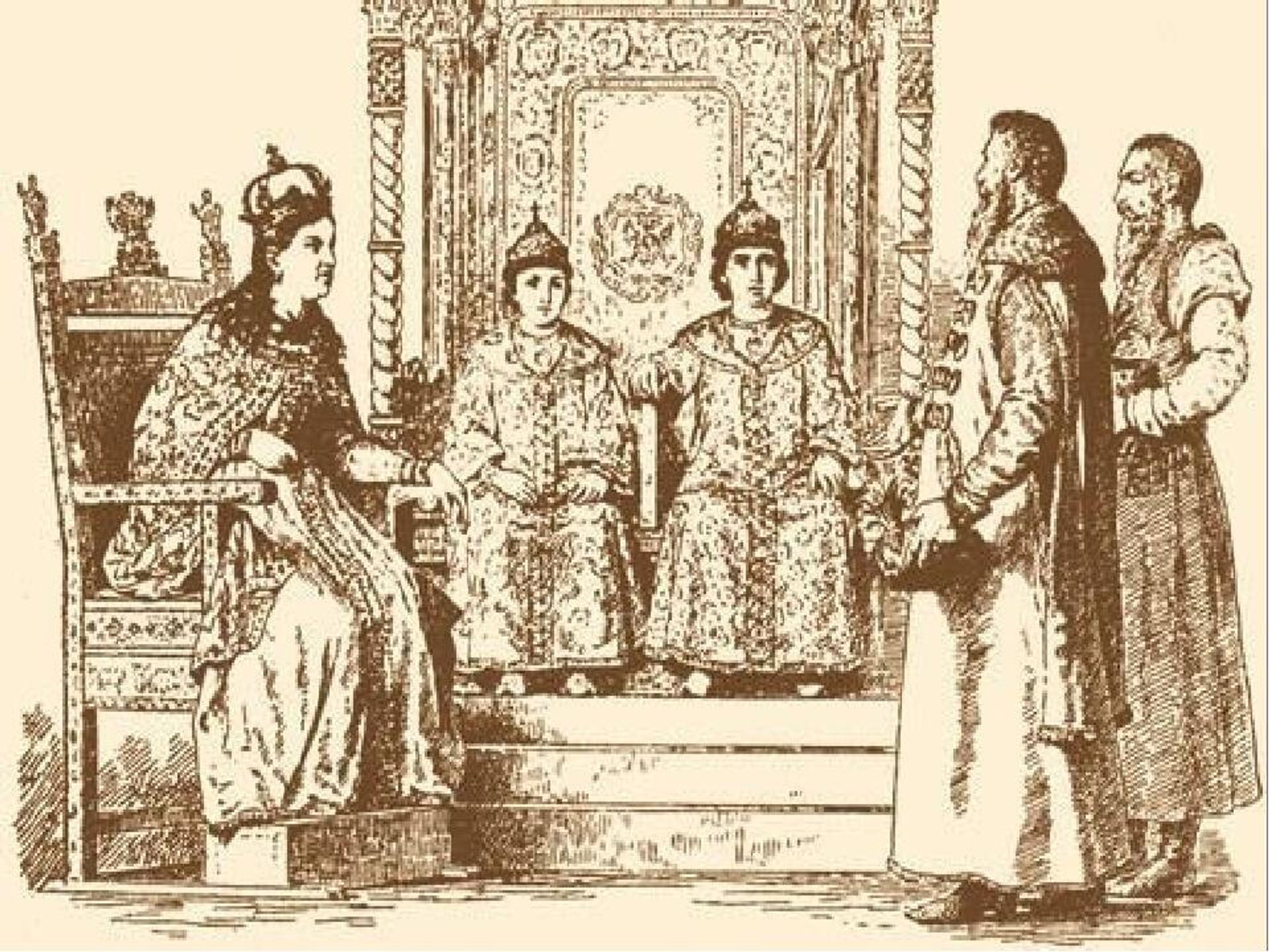 Царевна Софья, цари Пётр I и Иван V. Иллюстрация XIX века Царевна Софья, цари Пётр I и Иван V. Иллюстрация XIX века - РИА Новости, 1920, 12.06.2026