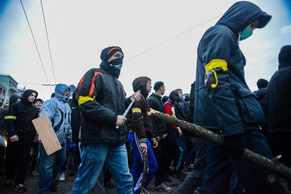 Митинг футбольных фанатов-ультрас в Харькове в поддержку Евромайдана
