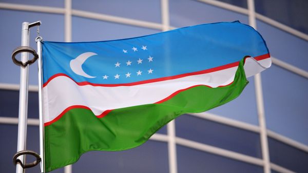 Государственный флаг Узбекистана у здания генконсульства Республики Узбекистан в Екатеринбурге.