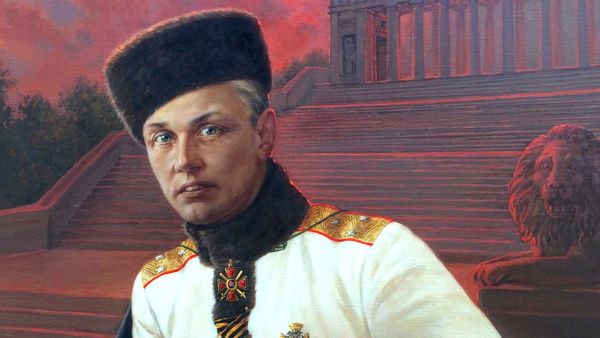 Генерал Яков Александрович Слащов-Крымский на фоне крымского городского пейзажа