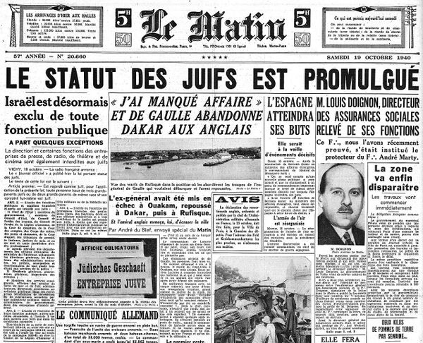 Выпуск парижской газеты Le Matin от 19 октября 1940 года с объявлением о принятии «Декрета о евреях»